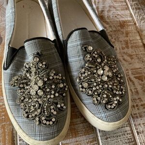 Zara Gray Plaid Slip-On Sneakers with Crystal Embellishment